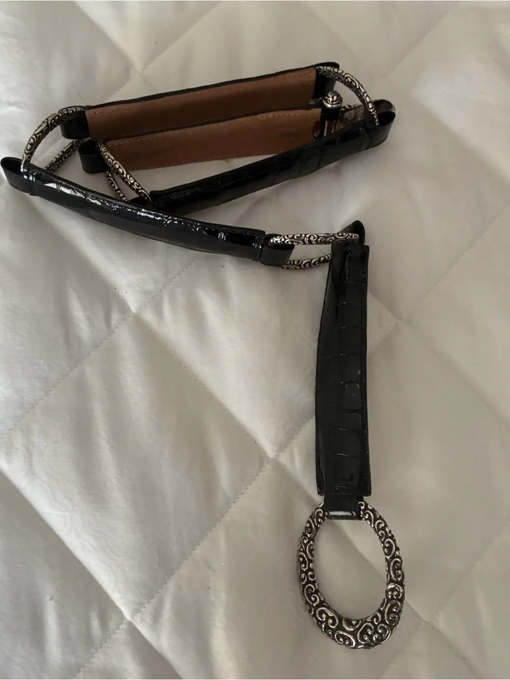 Brighton Black Croc Embossed Patent Leather Hook‎ Belt size 36